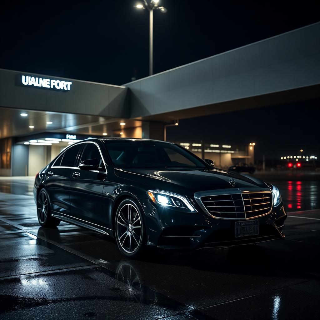 Black Mercedes S-Class at Casablanca airport terminal at night