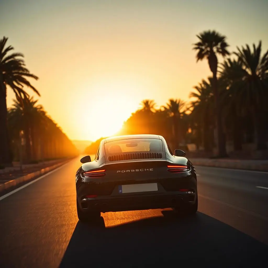 Porsche driving through Marrakech palm road at sunset