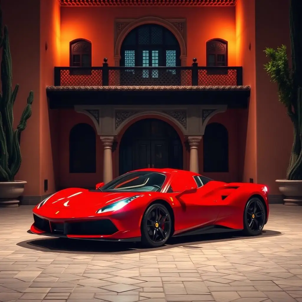 Red Ferrari at Moroccan riad entrance