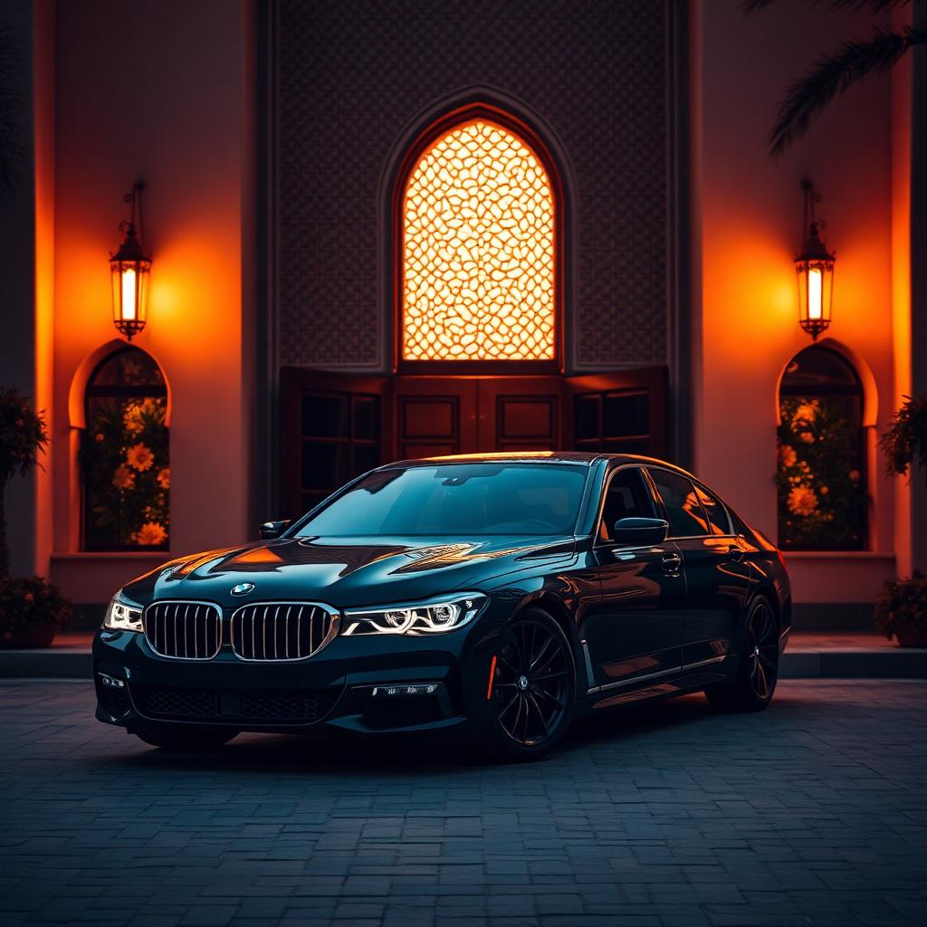 Black BMW 7 Series at Moroccan riad entrance golden hour